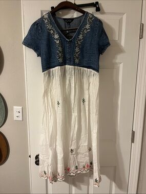 Denim and White Embroidered Midi Dress - Women's